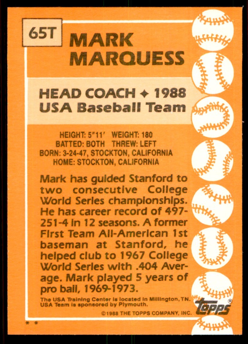 1988 Topps Traded Mark Marquess . USA #65T