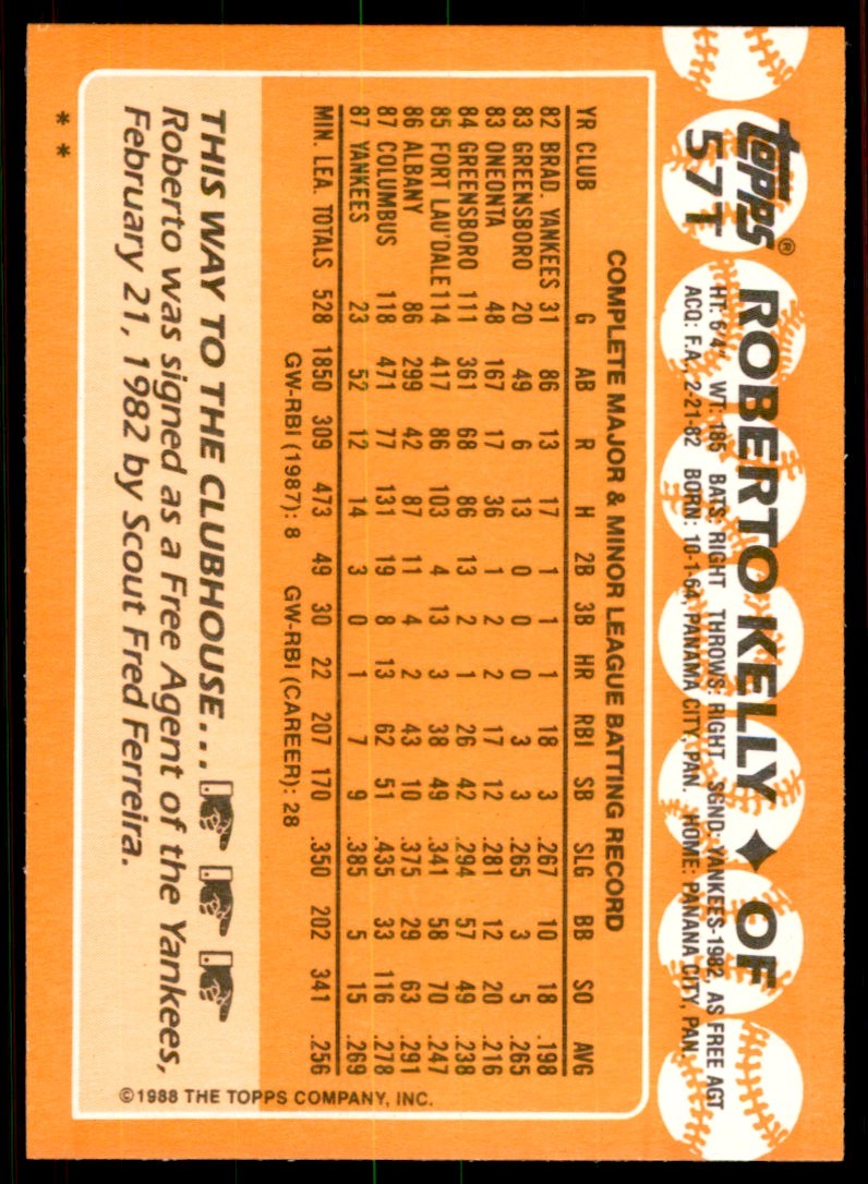 1988 Topps Traded Roberto Kelly . New York Yankees #57T