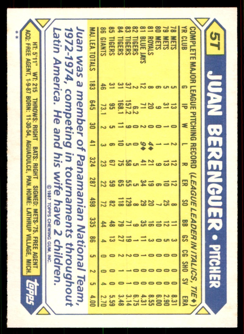 1987 Topps Traded Juan Berenguer . Minnesota Twins #5T