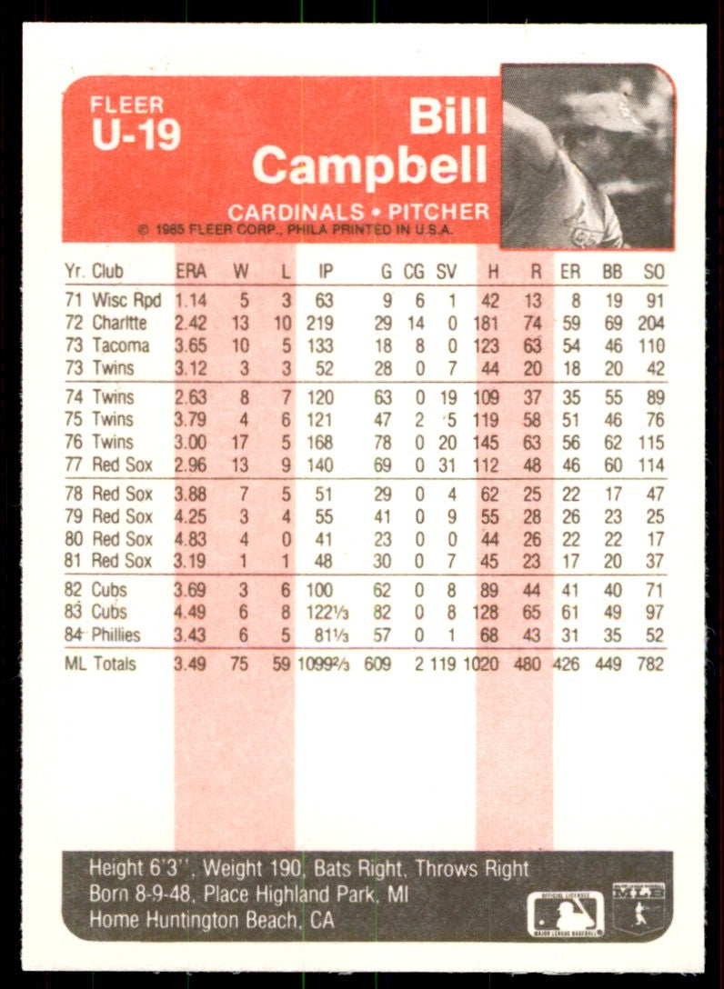 1985 Fleer Update Bill Campbell . St. Louis Cardinals #U-19