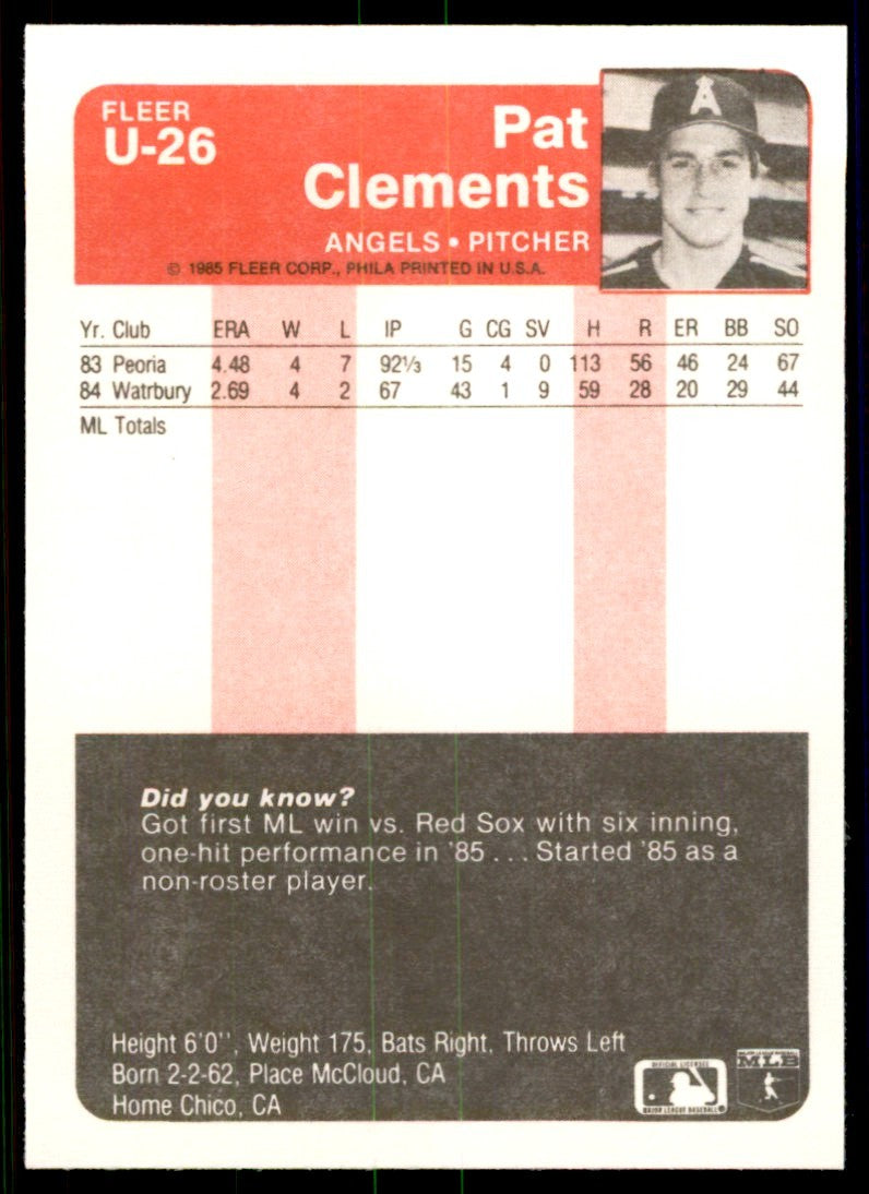 1985 Fleer Update Pat Clements . California Angels #U-26