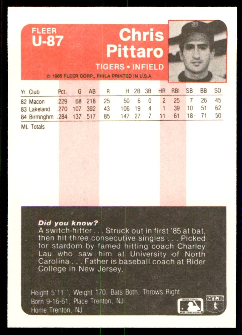 1985 Fleer Update Chris Pittaro . Detroit Tigers #U-87