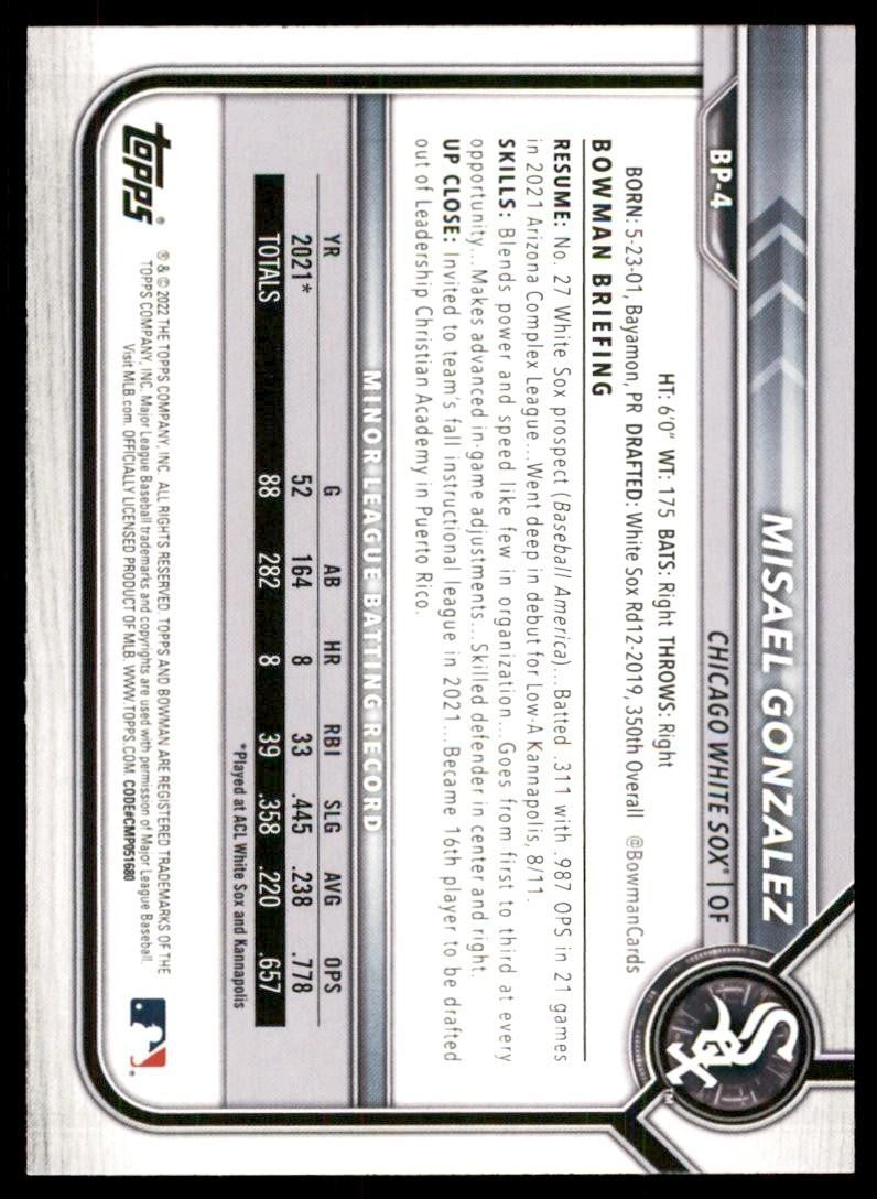2022 Bowman Misael Gonzalez Baseball Cards #BP-4