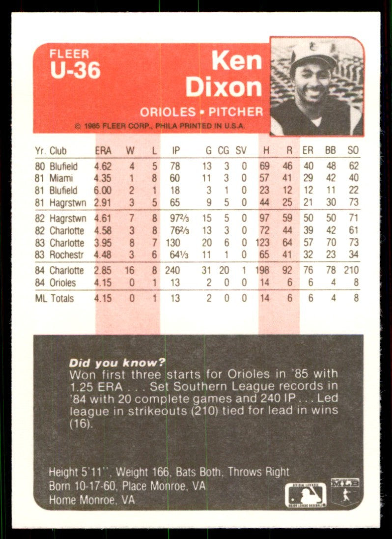 1985 Fleer Update Ken Dixon . Baltimore Orioles #U-36