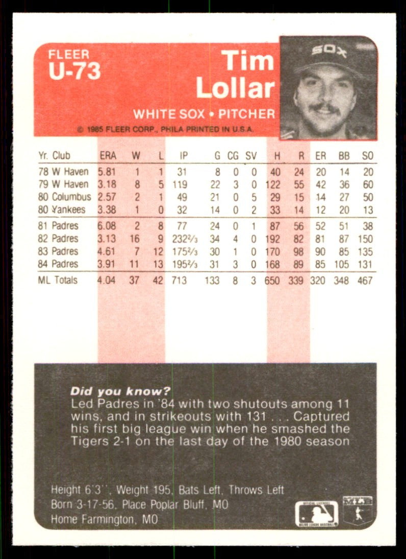 1985 Fleer Update Tim Lollar . Chicago White Sox #U-73