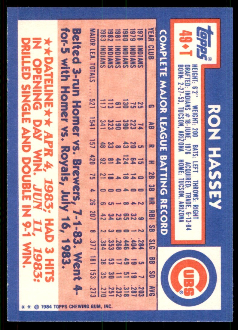 1984 Topps Traded Ron Hassey . Chicago Cubs #49T