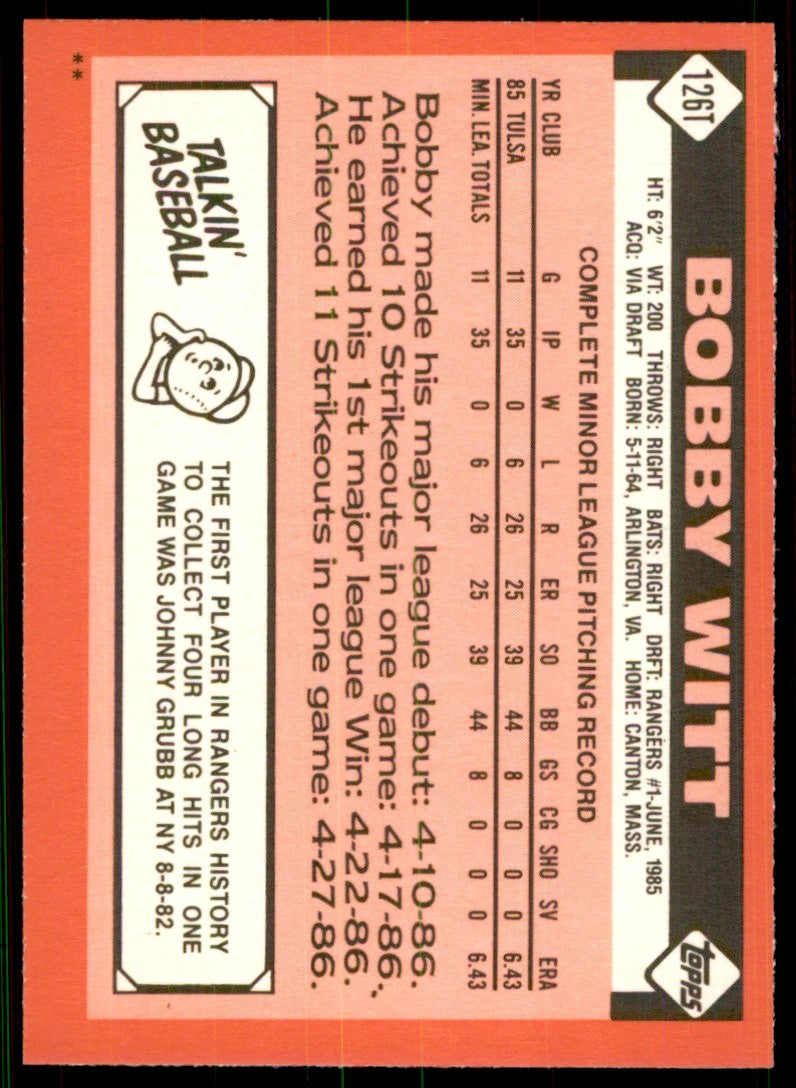 1986 Topps Traded Bobby Witt . Texas Rangers #126T