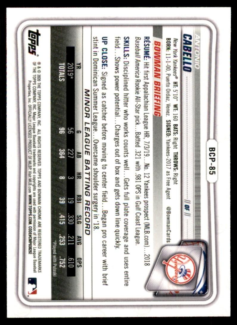 2020 Bowman Chrome Antonio Cabello Baseball Cards #BDC-87
