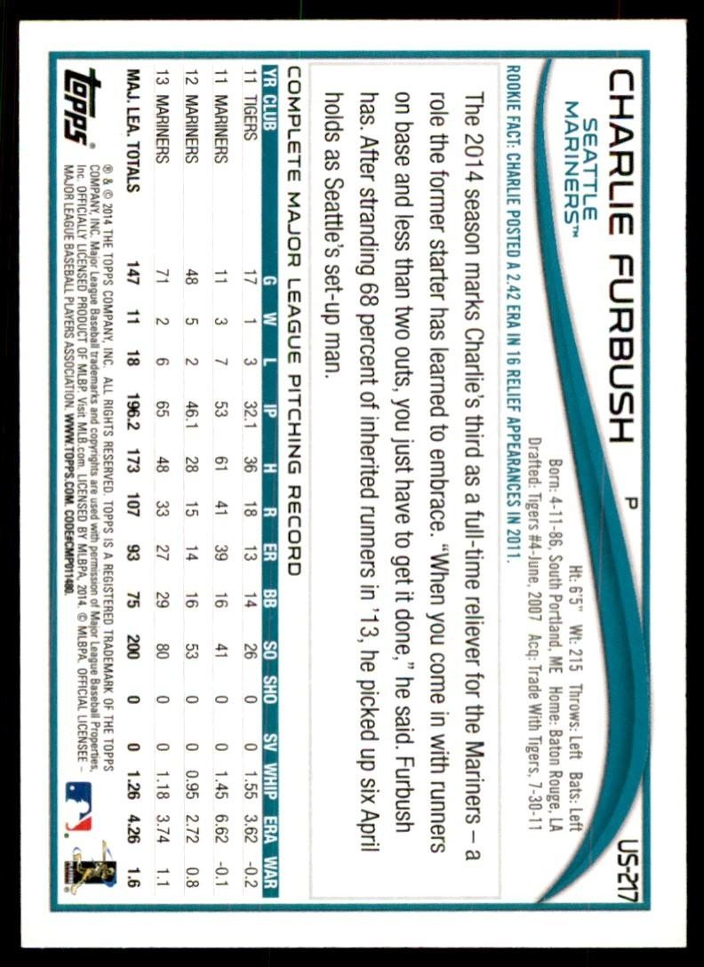 2014 Topps Charlie Furbush Baseball Cards #US-217