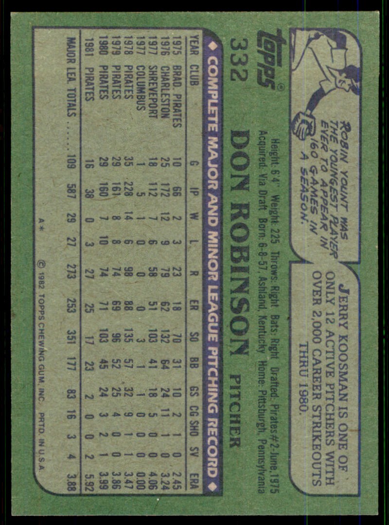 1982 Topps Don Robinson . Pittsburgh Pirates #332