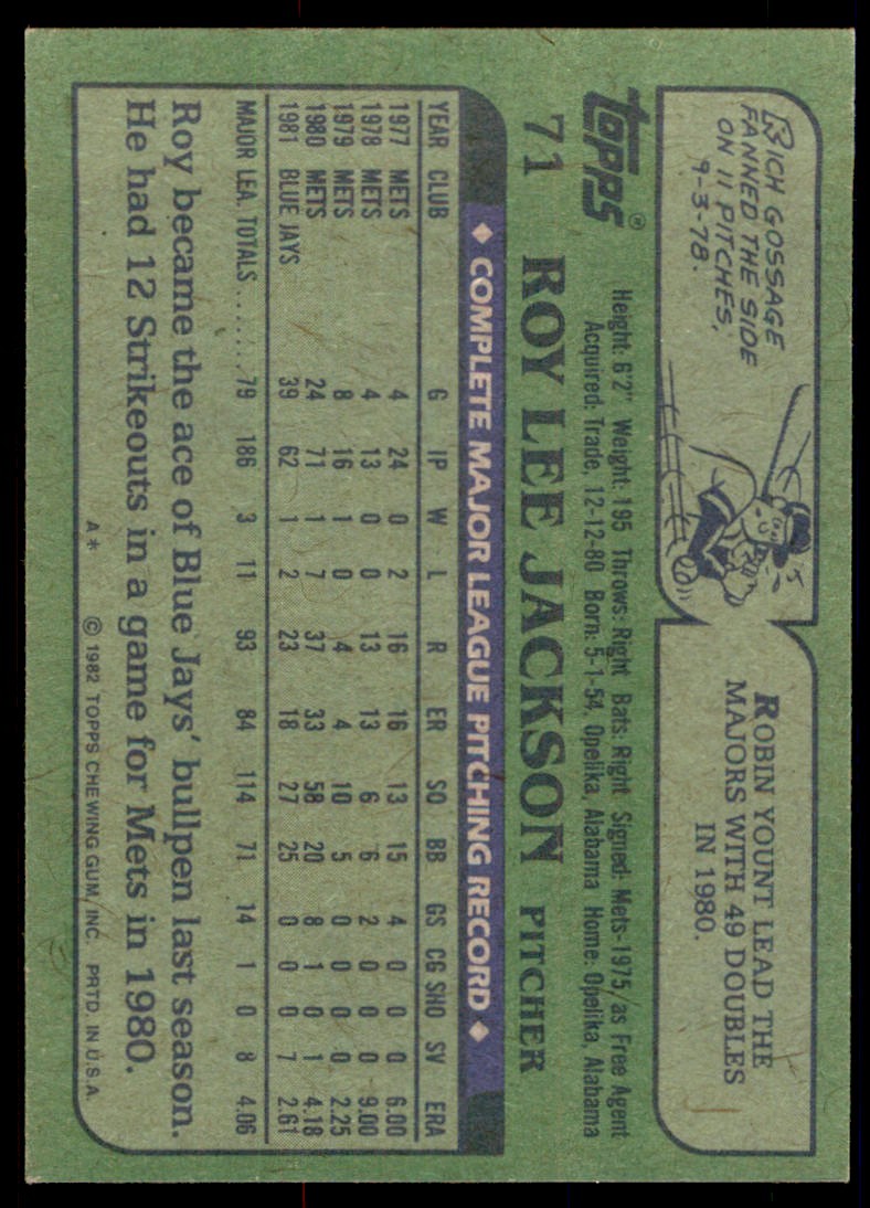 1982 Topps Baseball Roy Lee Jackson . Toronto Blue Jays #71