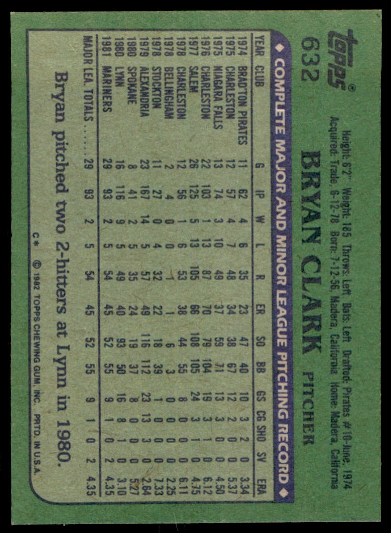 1982 .Topps Bryan Clark Rookie . Seattle Mariners #632