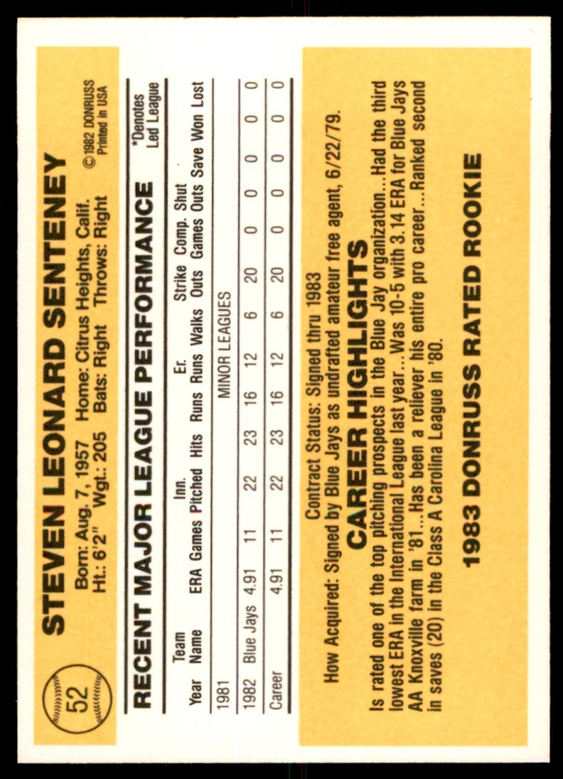 1983 Donruss Steve Senteney Rookie . Toronto Blue Jays #52