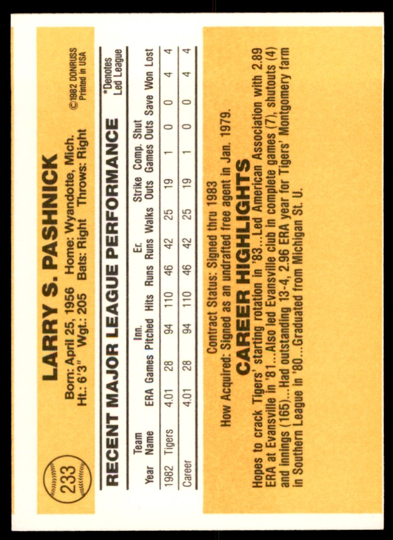 1983 Donruss. Larry Pashnick Rookie . Detroit Tigers #233
