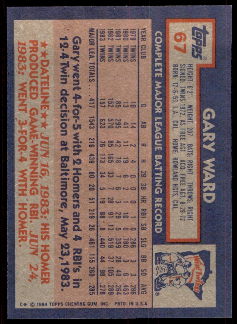 1984 Topps Gary Ward . Minnesota Twins #67