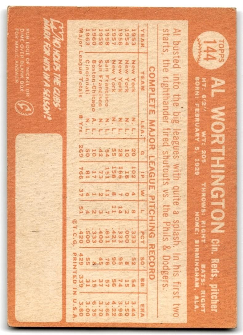 1964 Topps Al Worthington Baseball Cards #144