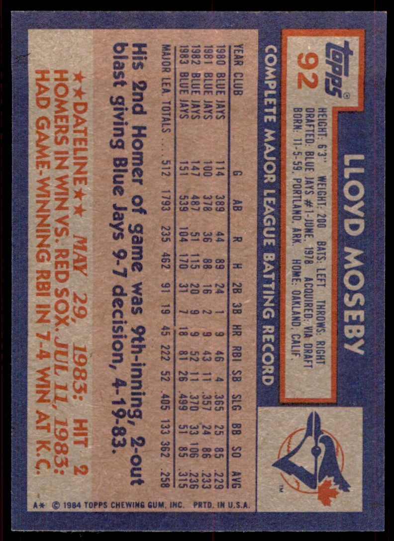 1984 Topps. Lloyd Moseby . Toronto Blue Jays #92