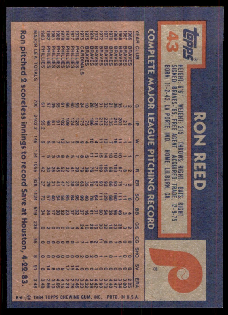 1984 Topps. Ron Reed . Philadelphia Phillies #43