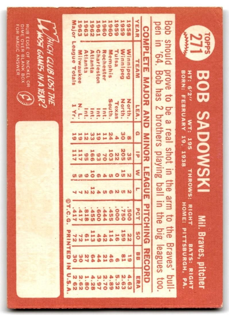 1964 Topps Bob Sadowski Baseball Cards #271