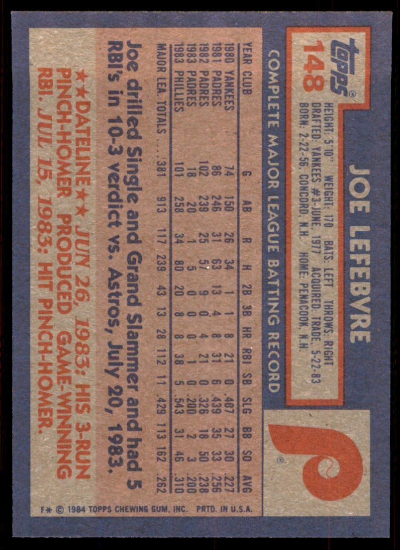 1984 Topps. Joe Lefebvre . Philadelphia Phillies #148
