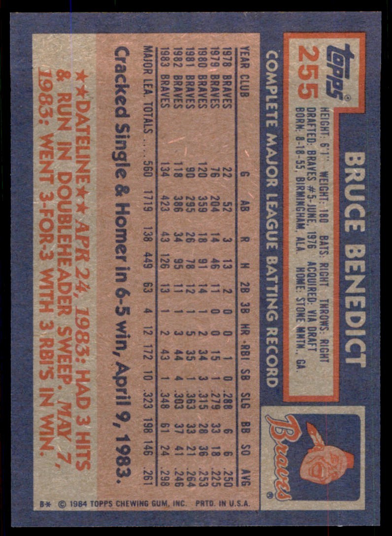 1984 Topps. Bruce Benedict . Atlanta Braves #255