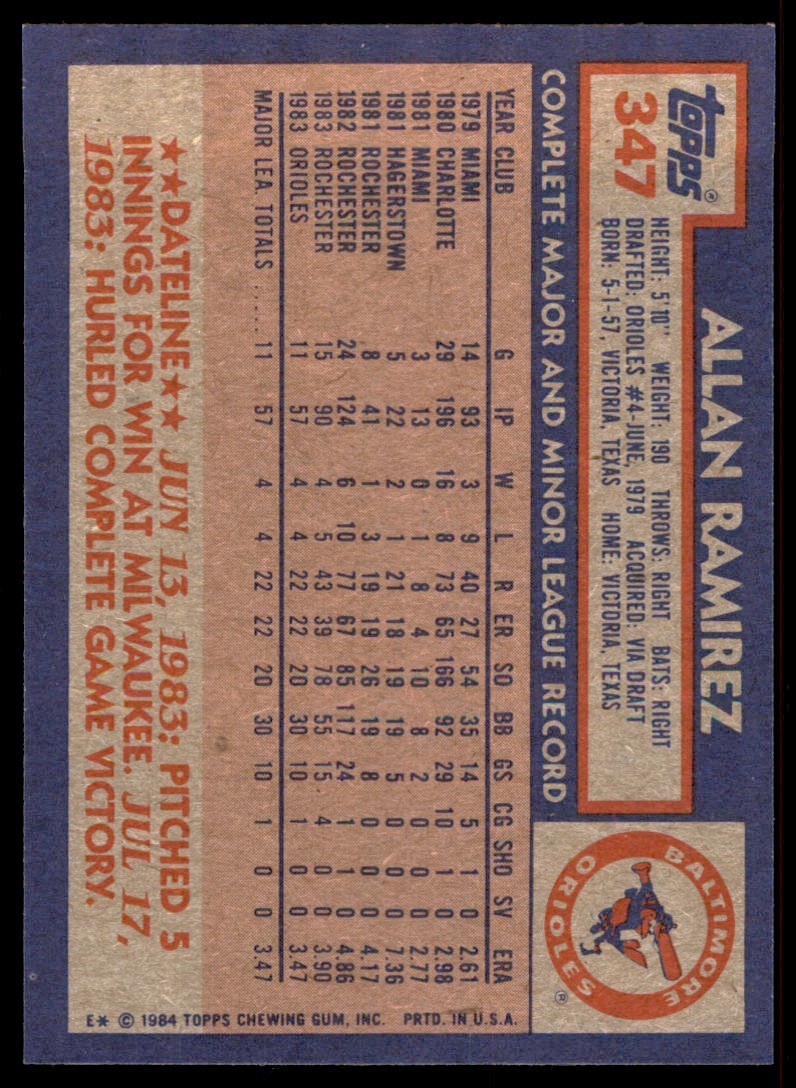 1984 Topps. Allan Ramirez Rookie . Baltimore Orioles #347