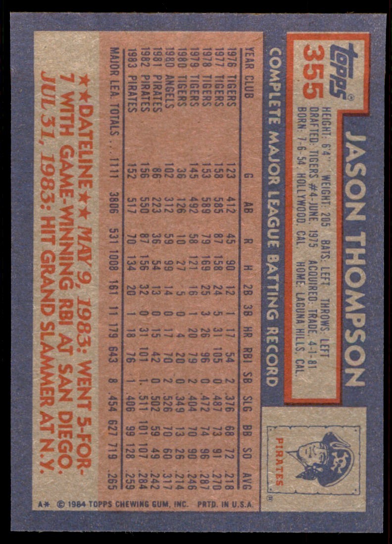 1984 Topps Jason Thompson . Pittsburgh Pirates #355