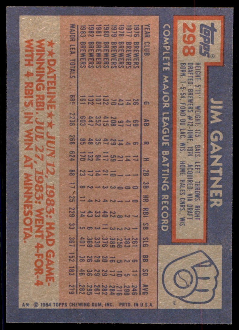 1984 Topps. Jim Gantner . Milwaukee Brewers #298