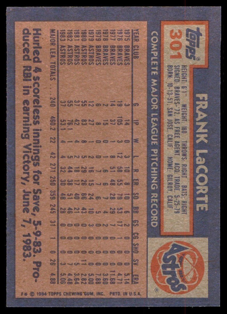 1984 Topps Frank LaCorte . Houston Astros #301