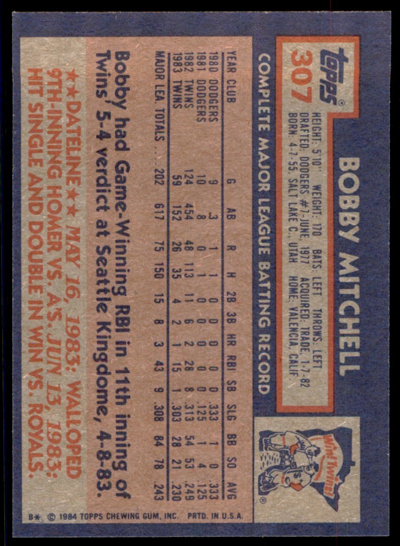 1984 Topps Bobby Mitchell . Minnesota Twins #307