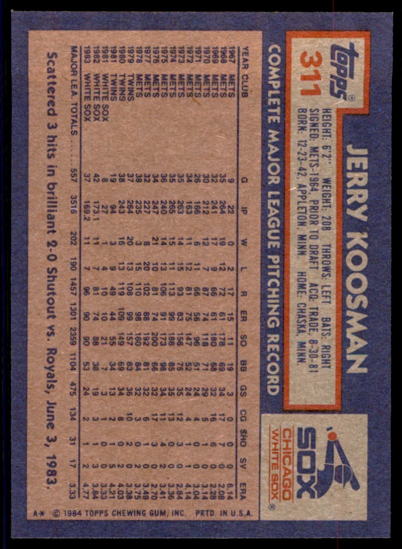 1984 Topps. Jerry Koosman . Chicago White Sox #311