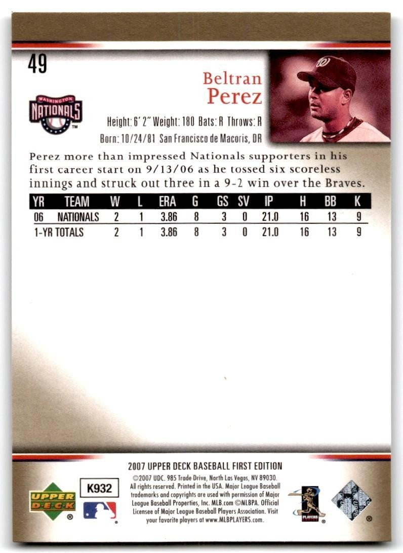 2007 Upper Deck First Edition Beltran Perez Baseball Cards #49