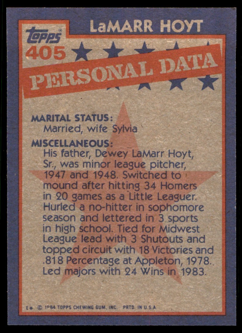1984 Topps LaMarr Hoyt . Chicago White Sox #405