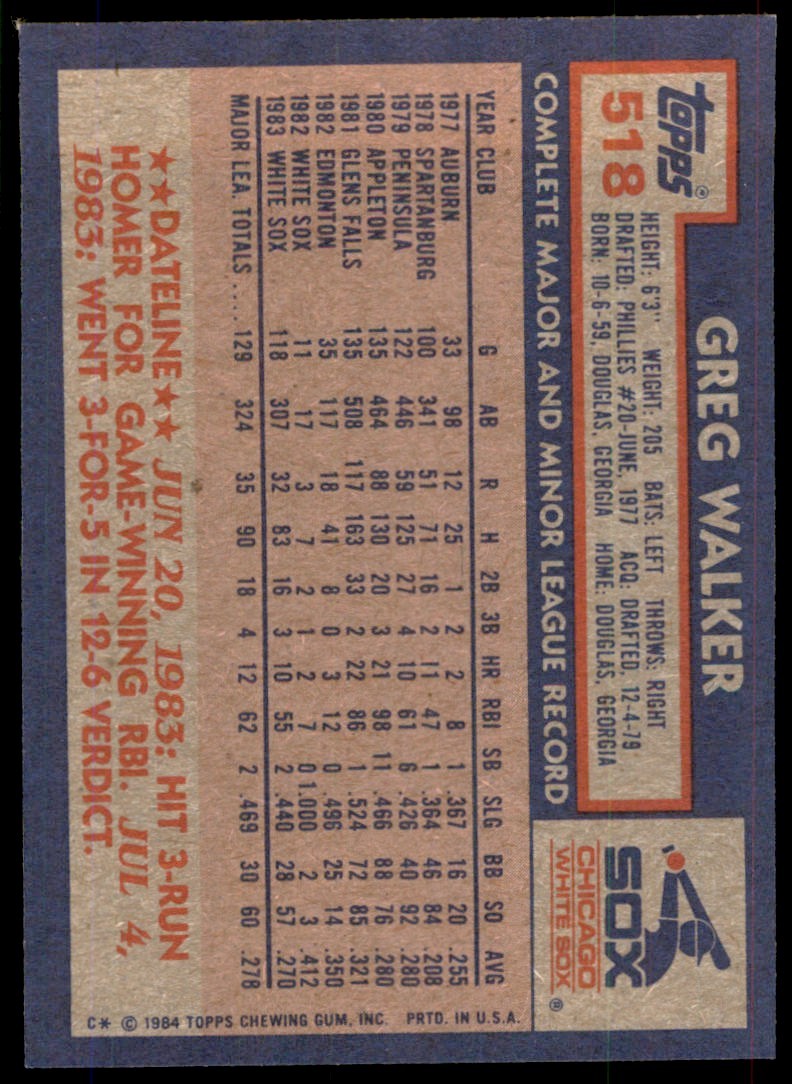 1984 Topps Greg Walker Rookie . Chicago White Sox #518