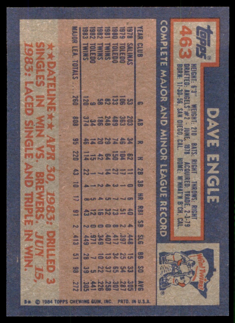 1984 Topps Dave Engle . Minnesota Twins #463
