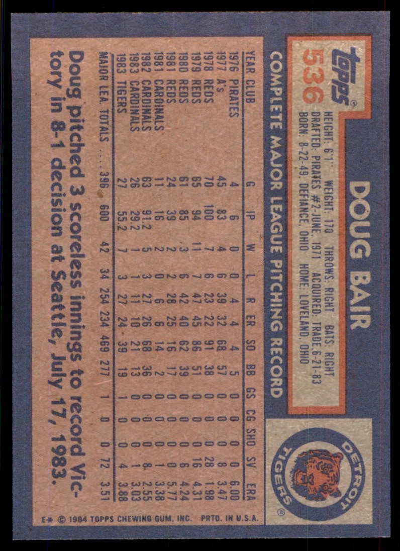 1984 Topps Doug Bair . Detroit Tigers #536
