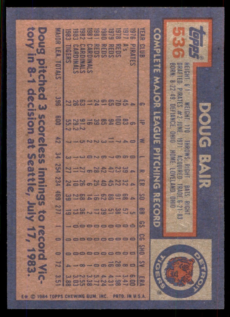 1984 Topps. Doug Bair . Detroit Tigers #536