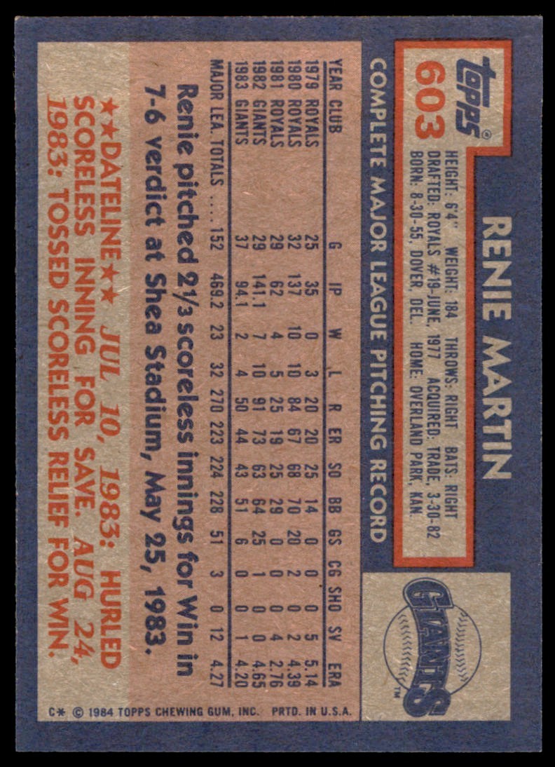 1984 Topps Renie Martin . San Francisco Giants #603