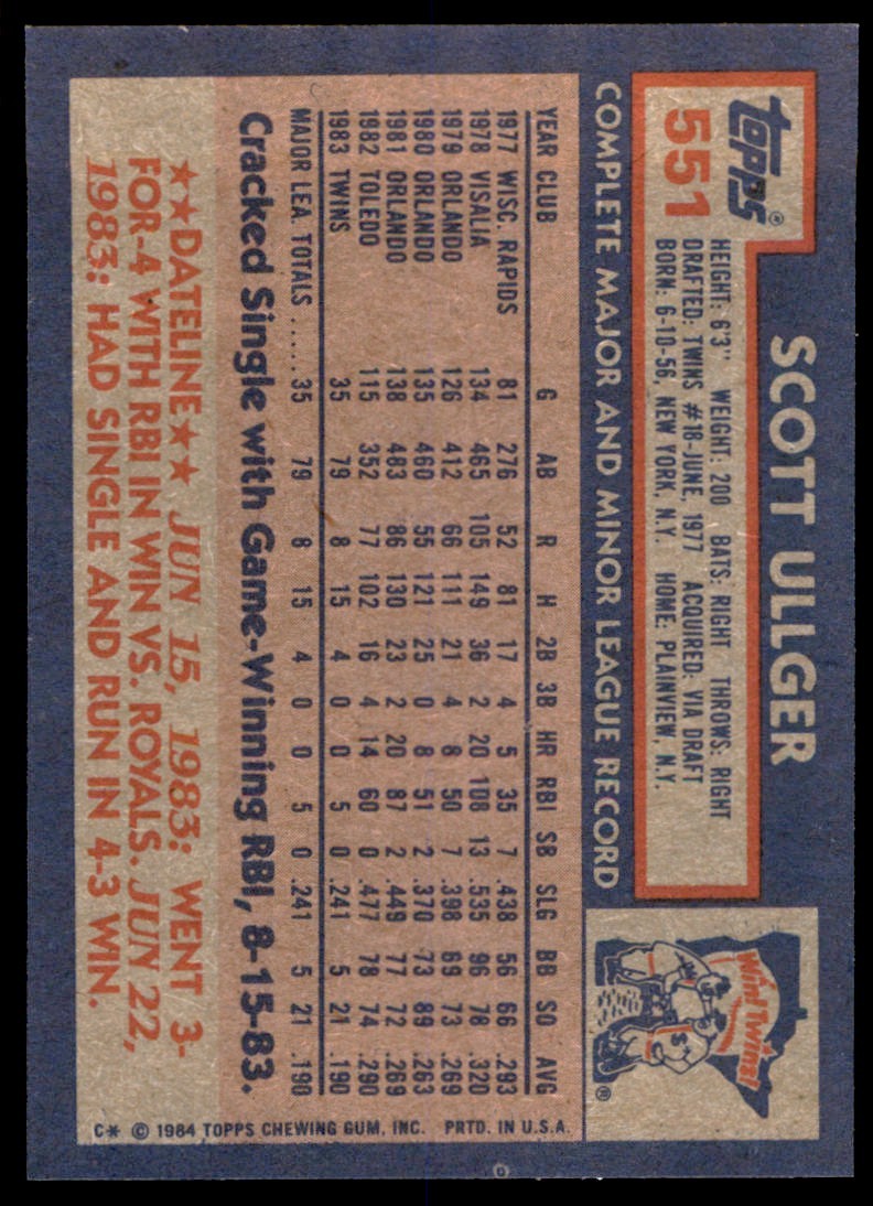 1984 Topps. Scott Ullger Rookie . Minnesota Twins #551