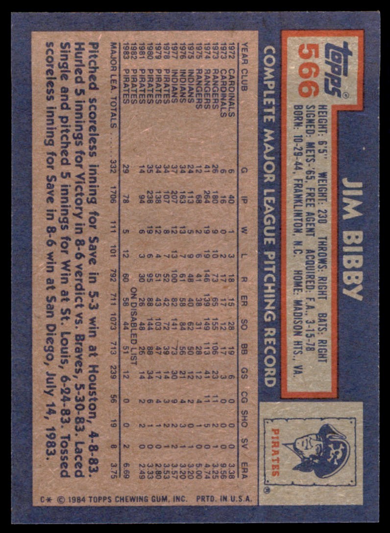1984 Topps. Jim Bibby . Pittsburgh Pirates #566