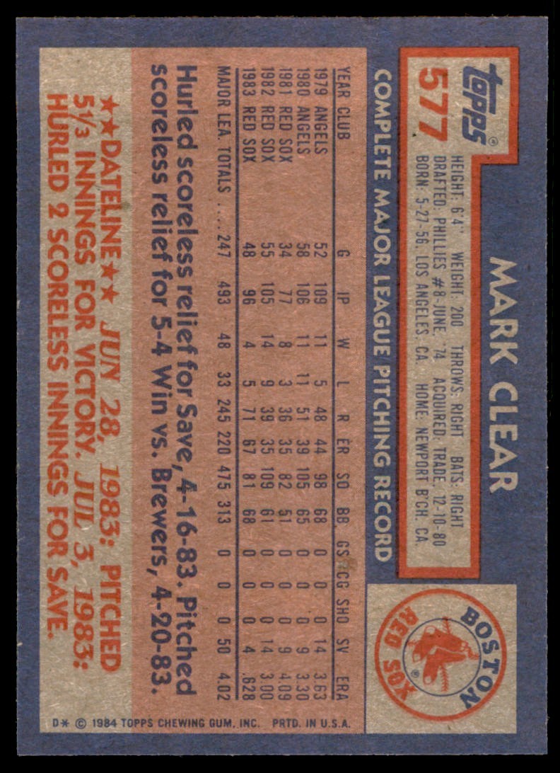 1984 Topps MLB Mark Clear . Boston Red Sox #577