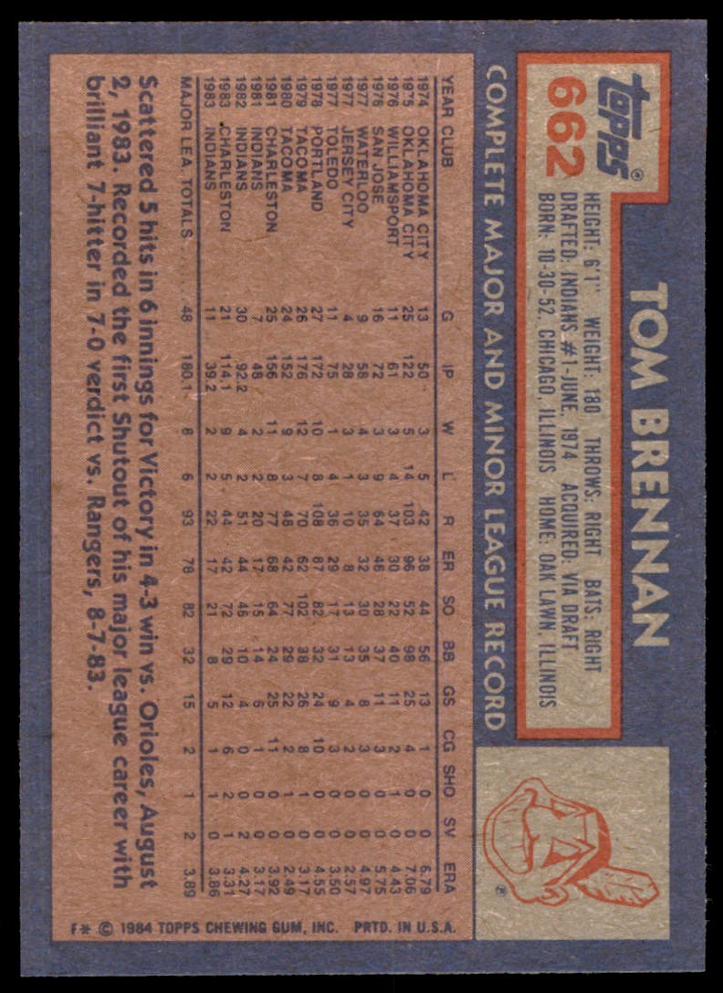 1984 Topps Tom Brennan . Cleveland Indians #662