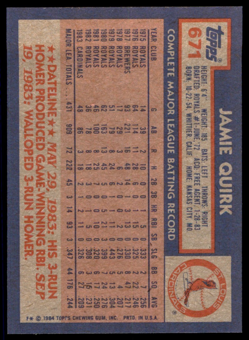 1984 Topps. Jamie Quirk . St. Louis Cardinals #671