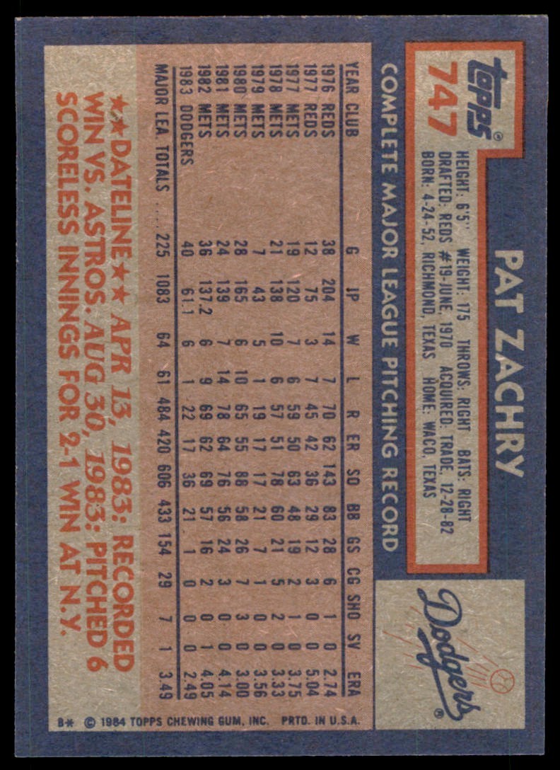 1984 Topps Pat Zachry . Los Angeles Dodgers #747