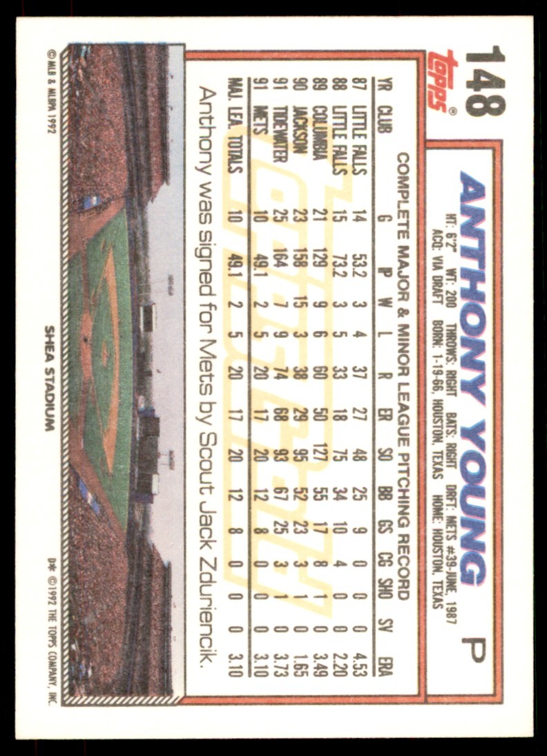 1992 Topps Gold Winners Anthony Young New York Mets #148