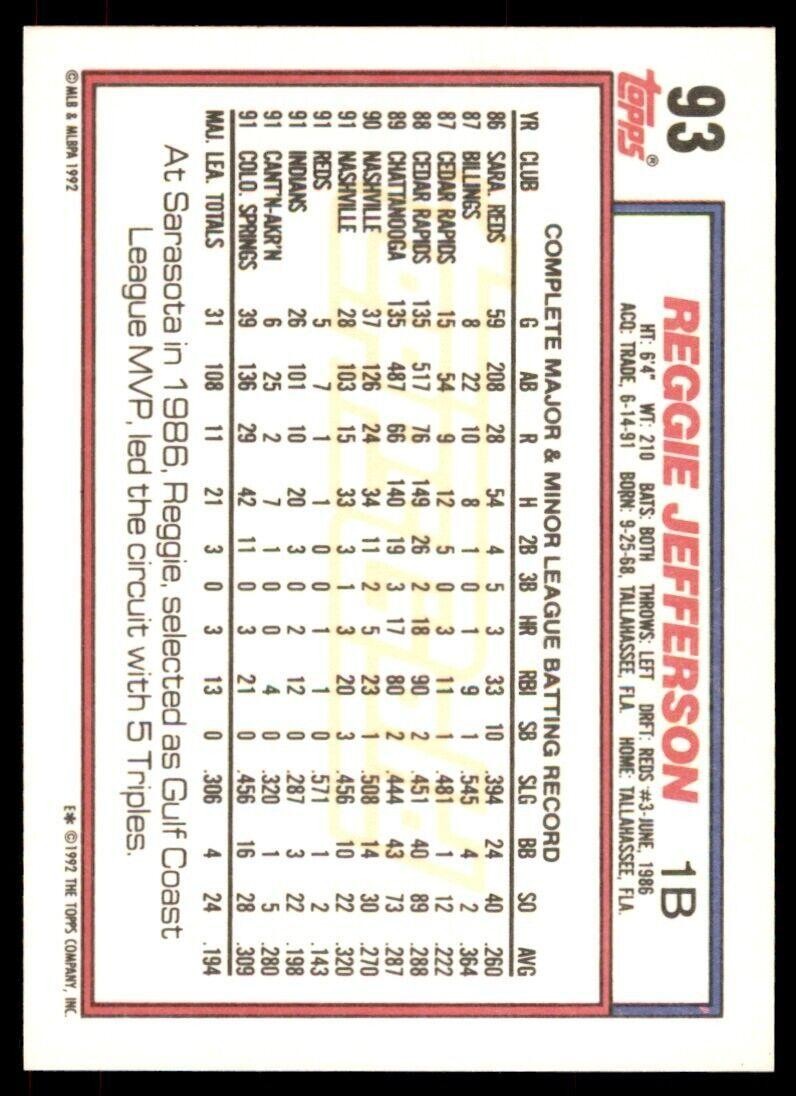 1992 Topps Gold Winners Reggie Jefferson Cleveland Indians #93