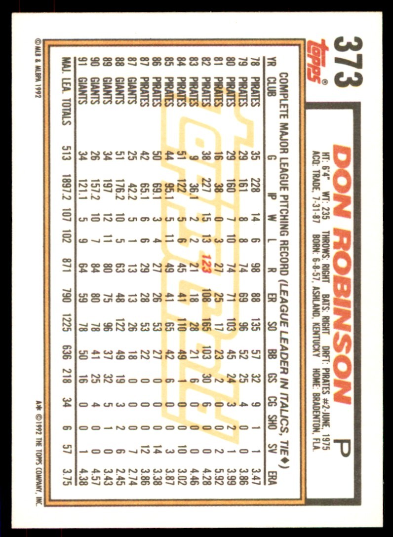 1992 Topps Gold Winners Don Robinson . San Francisco Giants #373