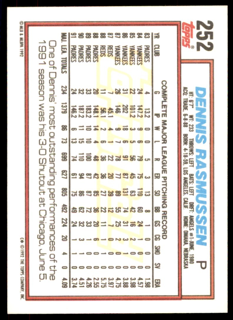 1992 Topps Gold Winners Dennis Rasmussen . San Diego Padres #252