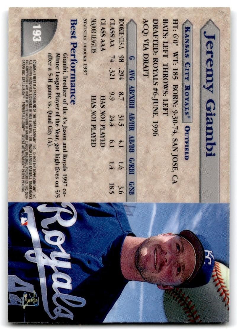 1998 Bowman's Best Jeremy Giambi Baseball Cards #193