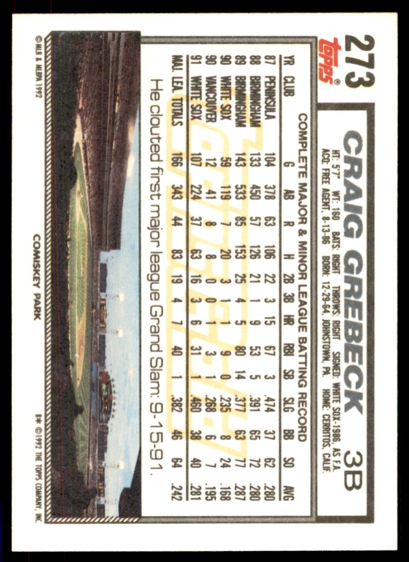 1992 Topps Gold Winners Craig Grebeck . Chicago White Sox #273